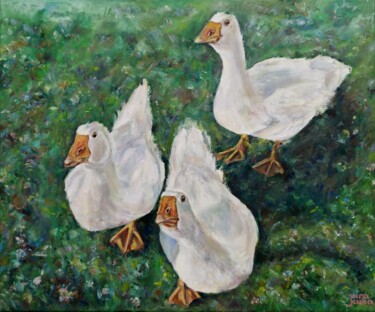 Painting titled "Three Geese. Birds…" by Jura Kuba, Original Artwork, Oil