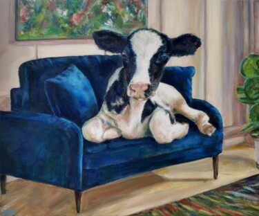Painting titled "Frisian Cow At Home" by Jura Kuba, Original Artwork, Oil Mounted on Wood Stretcher frame