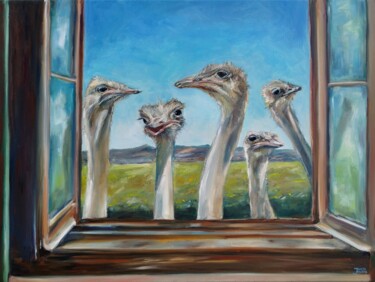Painting titled "Ostriches Staring T…" by Jura Kuba, Original Artwork, Oil Mounted on Wood Stretcher frame