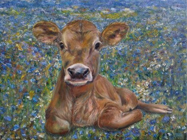Painting titled "Cornelia, the Cow I…" by Jura Kuba, Original Artwork, Oil Mounted on Wood Stretcher frame