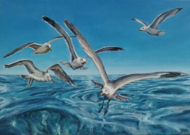 Painting titled "Seascape With Seagu…" by Jura Kuba, Original Artwork, Oil Mounted on Wood Stretcher frame