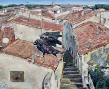 Painting titled "Crow On the Roof, C…" by Jura Kuba, Original Artwork, Oil Mounted on Wood Stretcher frame