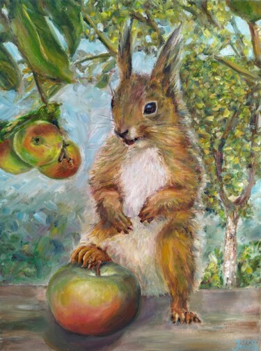 Painting titled "Squirrel With An Ap…" by Jura Kuba, Original Artwork, Oil