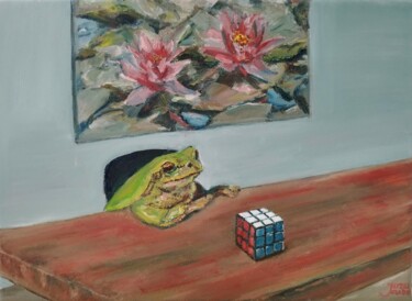 "Frog At The Table,…" başlıklı Tablo Jura Kuba tarafından, Orijinal sanat, Petrol Ahşap Sedye çerçevesi üzerine monte edilmiş