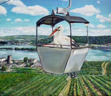 Schilderij getiteld "Stork Over The Vine…" door Jura Kuba, Origineel Kunstwerk, Olie Gemonteerd op Frame voor houten brancard