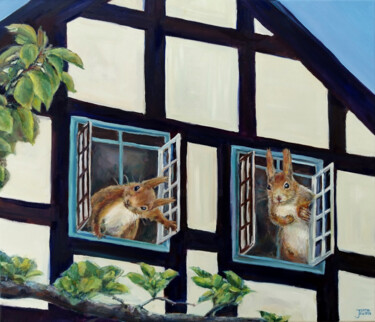 Schilderij getiteld "Two Squirrels At Ho…" door Jura Kuba, Origineel Kunstwerk, Olie Gemonteerd op Frame voor houten brancard