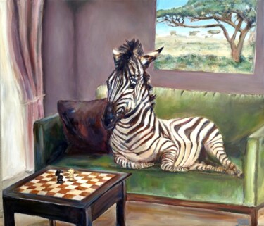Painting titled "Zebra At The Chess…" by Jura Kuba, Original Artwork, Oil Mounted on Wood Stretcher frame