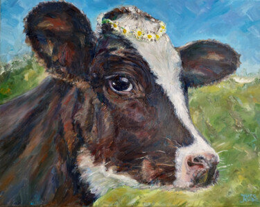 Painting titled "Kamille, The Cow" by Jura Kuba, Original Artwork, Oil Mounted on Wood Stretcher frame