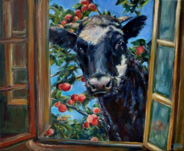 Painting titled "Cow At The Window" by Jura Kuba, Original Artwork, Oil Mounted on Wood Stretcher frame