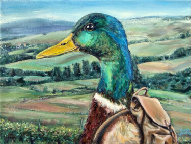 Painting titled "Mallard Duck - bird…" by Jura Kuba, Original Artwork, Oil Mounted on Wood Stretcher frame