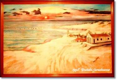 Pintura intitulada "La plage et l eglis…" por Jura, Obras de arte originais, Acrílico