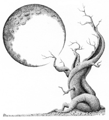Drawing titled "tree and moon" by Jure Kralj, Original Artwork, Ink
