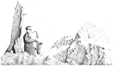 Dibujo titulada "saxophonist" por Jure Kralj, Obra de arte original, Tinta