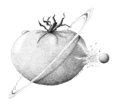 Drawing titled "planet Tomato" by Jure Kralj, Original Artwork, Ink