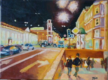 Schilderij getiteld "Night on Nevskiy, S…" door Juri Semjonov, Origineel Kunstwerk, Olie