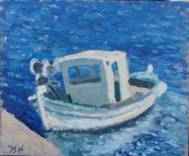 Schilderij getiteld "Corfu Boat" door Juri Semjonov, Origineel Kunstwerk, Olie
