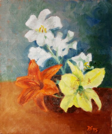 Schilderij getiteld "Lilies" door Juri Semjonov, Origineel Kunstwerk, Olie