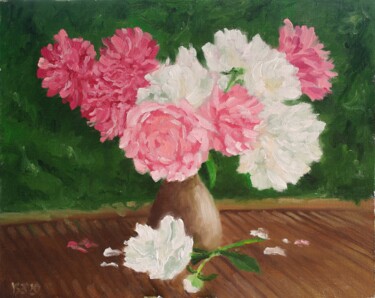 Pittura intitolato "Pink and White Peon…" da Juri Semjonov, Opera d'arte originale, Olio