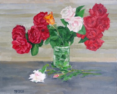 Schilderij getiteld "Garden Roses" door Juri Semjonov, Origineel Kunstwerk, Olie