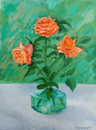 Peinture intitulée "Summer Garden Roses" par Juri Semjonov, Œuvre d'art originale, Huile
