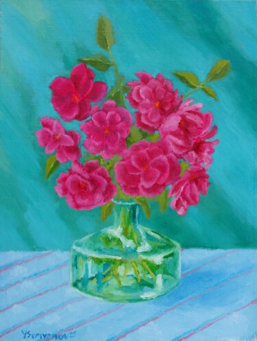 Schilderij getiteld "Summer Garden Roses…" door Juri Semjonov, Origineel Kunstwerk, Olie