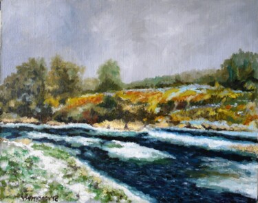 Painting titled "River, First Snow" by Juri Semjonov, Original Artwork, Oil Mounted on Cardboard