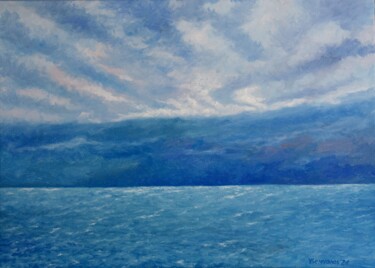 Painting titled "Evening on the Gulf…" by Juri Semjonov, Original Artwork, Oil Mounted on Wood Stretcher frame