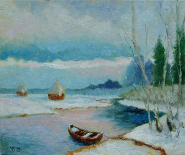 Peinture intitulée "Winter Lanscape" par Juri Semjonov, Œuvre d'art originale, Huile