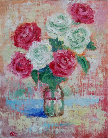 Malarstwo zatytułowany „Fresh Roses, origin…” autorstwa Juri Semjonov, Oryginalna praca, Olej Zamontowany na Karton
