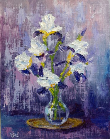 Malarstwo zatytułowany „Fresh Irises, origi…” autorstwa Juri Semjonov, Oryginalna praca, Olej Zamontowany na Karton