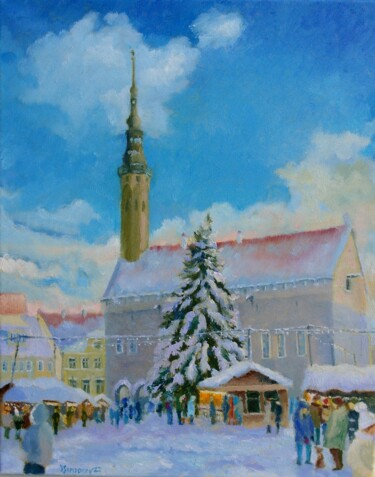 Painting titled "Winter Tallinn 22 -…" by Juri Semjonov, Original Artwork, Oil Mounted on Wood Stretcher frame