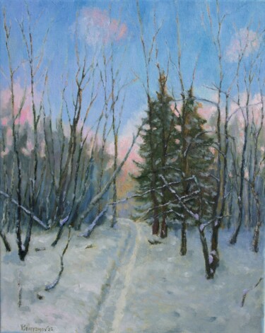 Painting titled "Winter Landscape or…" by Juri Semjonov, Original Artwork, Oil Mounted on Wood Stretcher frame