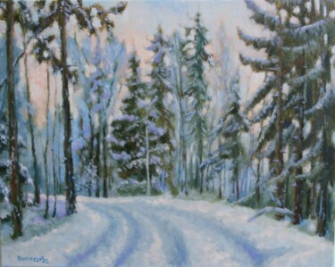 Painting titled "Winter Way, origina…" by Juri Semjonov, Original Artwork, Oil Mounted on Wood Stretcher frame