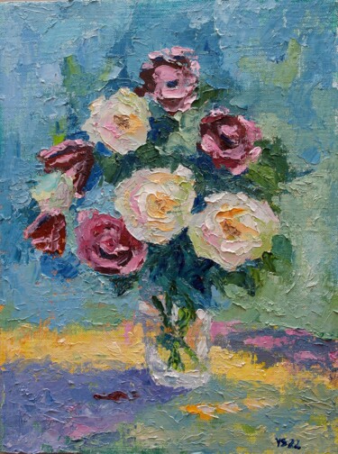 Картина под названием "Roses, original oil…" - Juri Semjonov, Подлинное произведение искусства, Масло Установлен на картон
