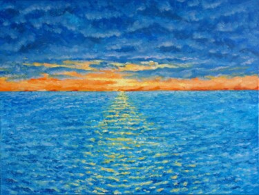 Painting titled "Sunset in Kakumae" by Juri Semjonov, Original Artwork, Oil Mounted on Wood Stretcher frame