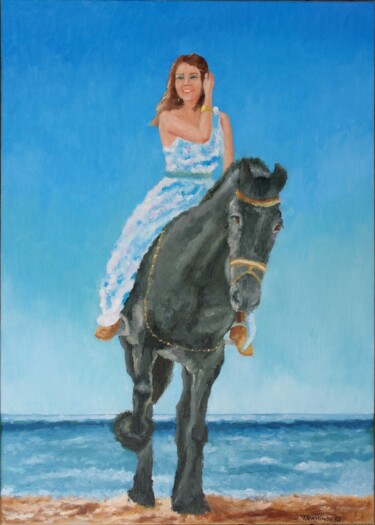 Painting titled "Girl And Horse" by Juri Semjonov, Original Artwork, Oil Mounted on Wood Stretcher frame