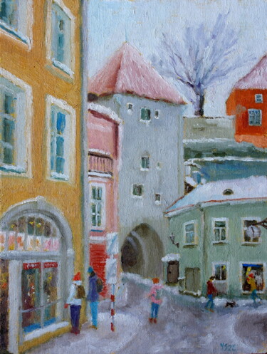 Painting titled "Old Tallinn, Pikk J…" by Juri Semjonov, Original Artwork, Oil Mounted on Cardboard
