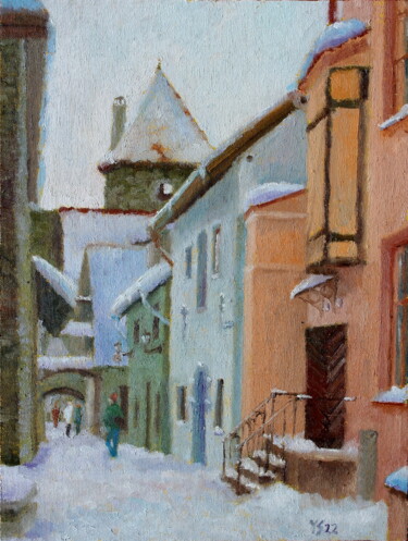 Painting titled "Old Tallinn" by Juri Semjonov, Original Artwork, Oil Mounted on Cardboard