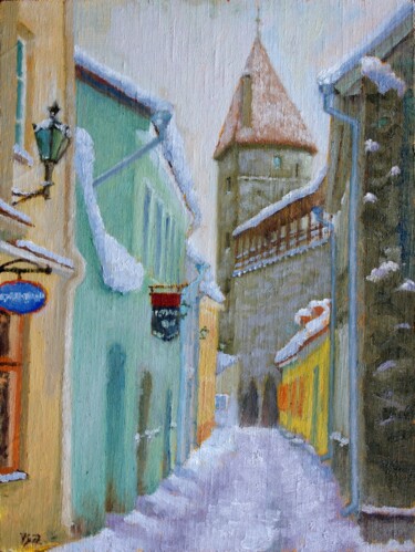 Painting titled "Old Tallinn, Katari…" by Juri Semjonov, Original Artwork, Oil Mounted on Cardboard