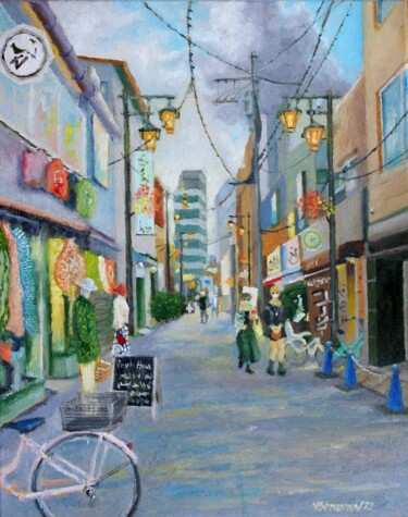 Painting titled "Cozy Street in Tokyo" by Juri Semjonov, Original Artwork, Oil Mounted on Wood Stretcher frame