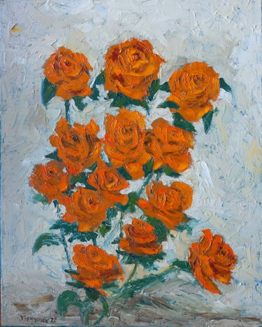 Painting titled "Orange Roses" by Juri Semjonov, Original Artwork, Oil Mounted on Wood Stretcher frame