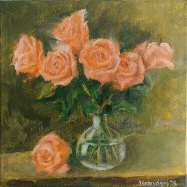 Painting titled "Cream Roses" by Juri Semjonov, Original Artwork, Oil Mounted on Wood Stretcher frame