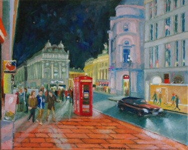Malerei mit dem Titel "Night Street, London" von Juri Semjonov, Original-Kunstwerk, Öl Auf Keilrahmen aus Holz montiert