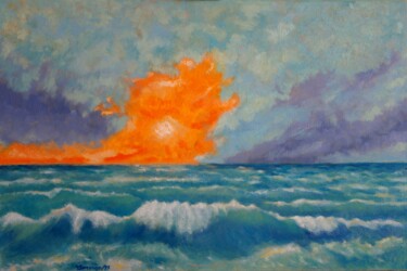 Malarstwo zatytułowany „Seascape Sunset” autorstwa Juri Semjonov, Oryginalna praca, Olej Zamontowany na Drewniana rama noszy