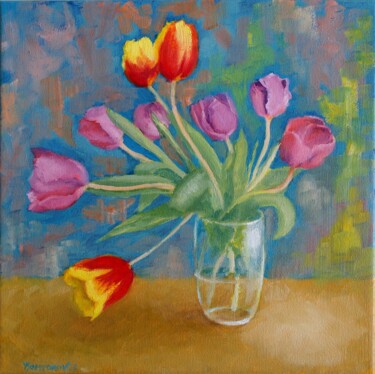 Painting titled "Spring Tulips 2" by Juri Semjonov, Original Artwork, Oil Mounted on Wood Stretcher frame