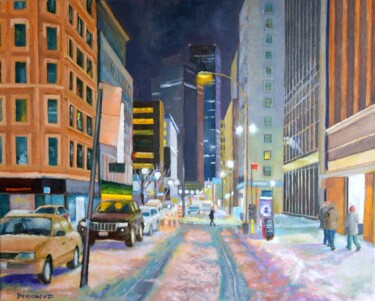 Malerei mit dem Titel "Night Winter Street…" von Juri Semjonov, Original-Kunstwerk, Öl Auf Keilrahmen aus Holz montiert