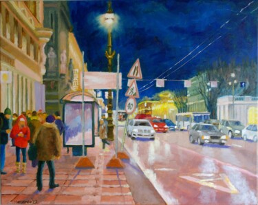 Painting titled "St.Petersburg, Nigh…" by Juri Semjonov, Original Artwork, Oil Mounted on Wood Stretcher frame