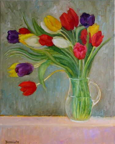 Painting titled "Fresh Spring Tulips" by Juri Semjonov, Original Artwork, Oil Mounted on Wood Stretcher frame