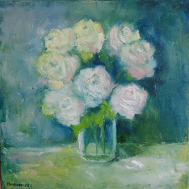 Malarstwo zatytułowany „White Fresh Roses” autorstwa Juri Semjonov, Oryginalna praca, Olej Zamontowany na Drewniana rama nos…
