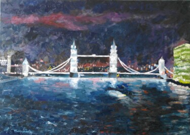 Painting titled "Night Tower Bridge,…" by Juri Semjonov, Original Artwork, Oil Mounted on Wood Stretcher frame